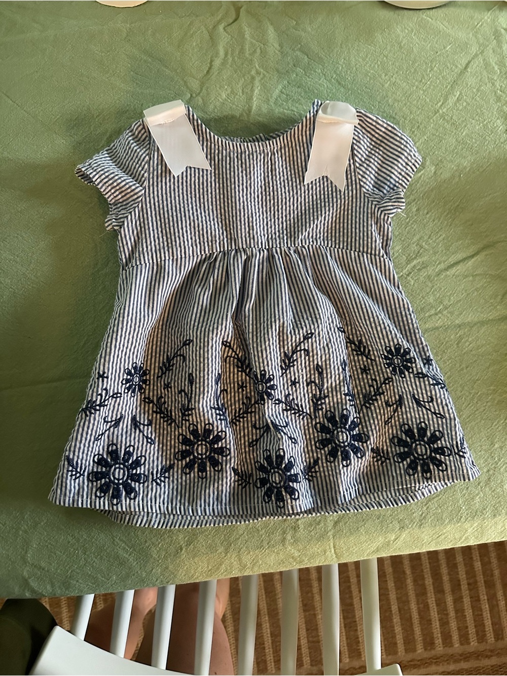 Rare Editions Navy and White Striped Dress with Floral Embroidery